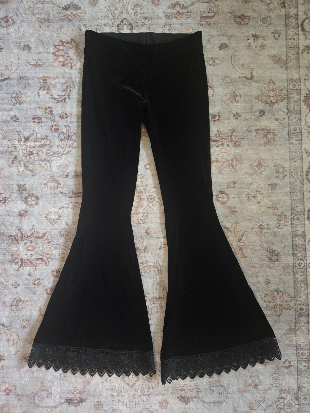 Free People Black Velvet Lace-Hem Flare Pants, Witchy, Whimsy Goth, Stretchy